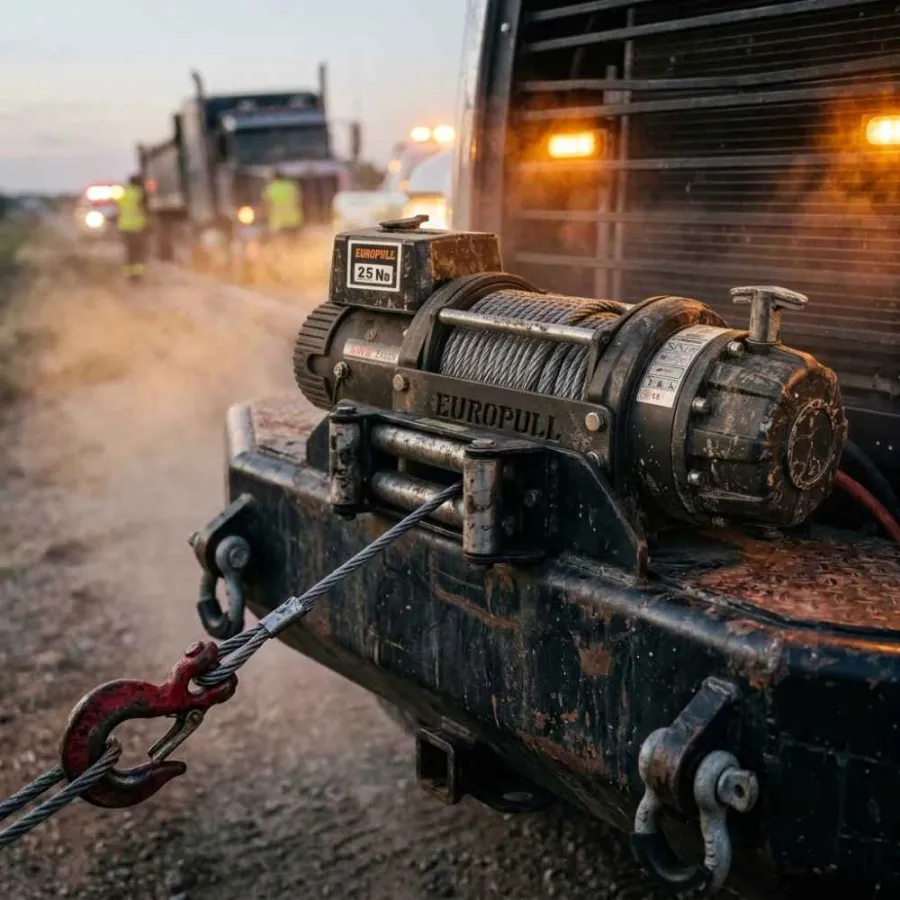 Europull EWB 25000 24V DC electric winch on a recovery tow truck steel bumper