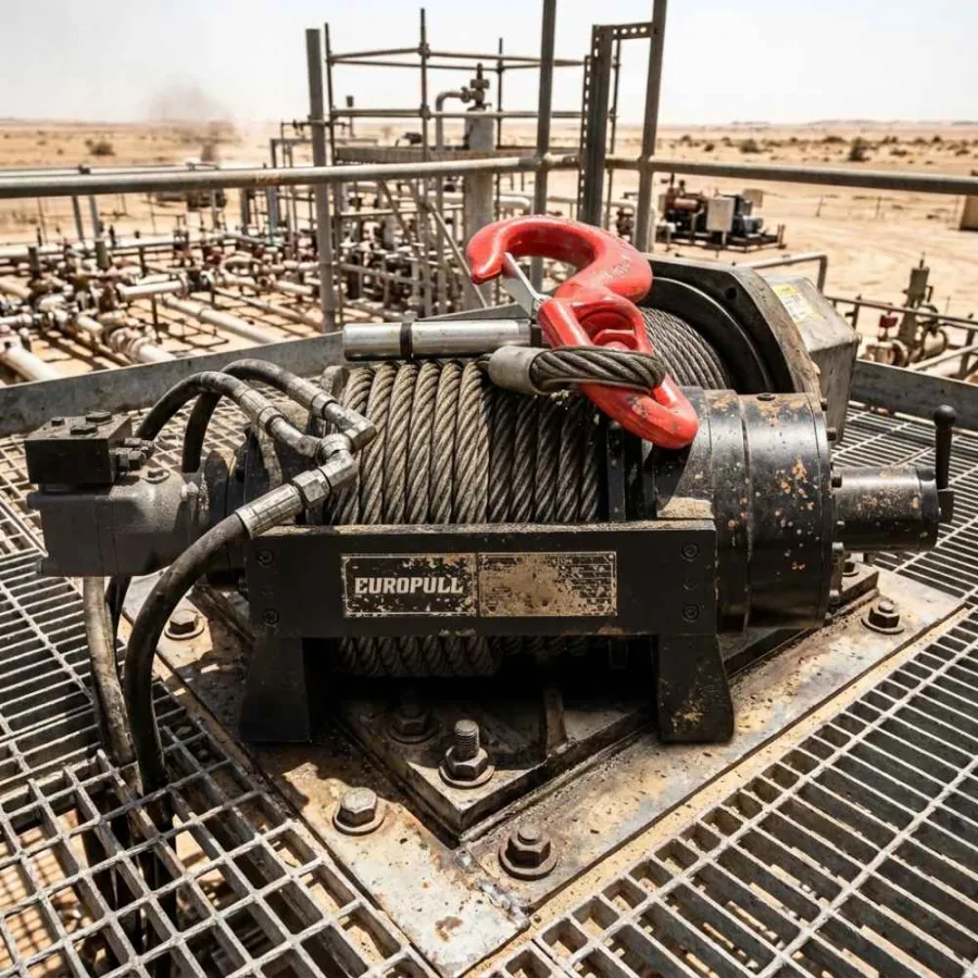 Europull HWE 200 hydraulic winch installed at a Middle Eastern oilfield facility