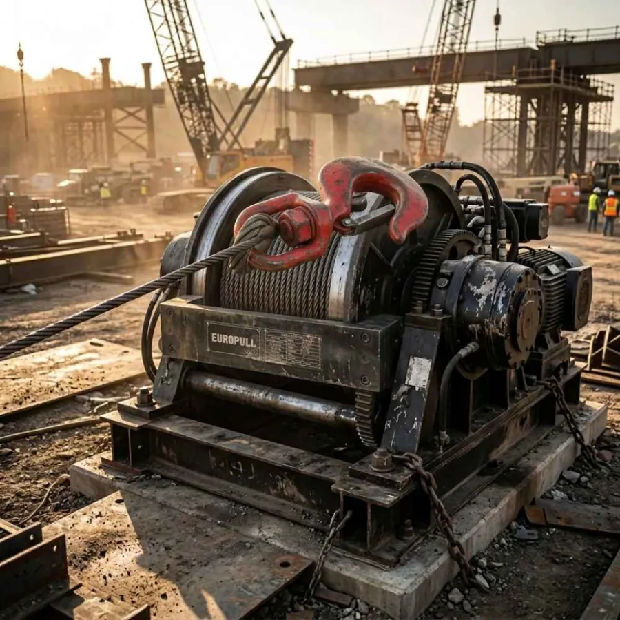 Europull HWE 300 industrial hydraulic winch anchoring heavy wire rope on a construction site