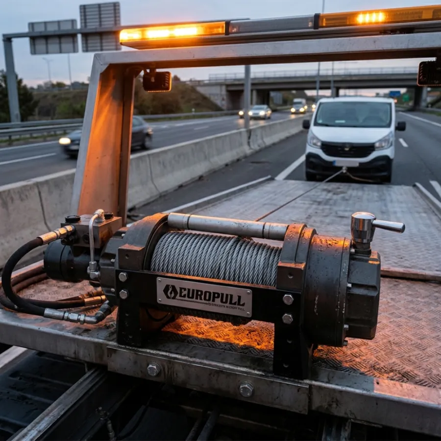 Europull HWV 15000 hydraulic winch loading a vehicle onto a 7-ton recovery truck bed