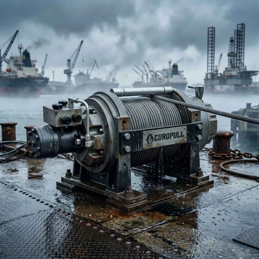 IP67 waterproof Europull HWV 15000 hydraulic winch on a shipyard dockside